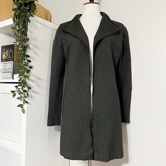 Lafayette 148 New York Grey Ribbed Sleeves Open Front Cardigan Jacket Size Small - Picture 1 of 9